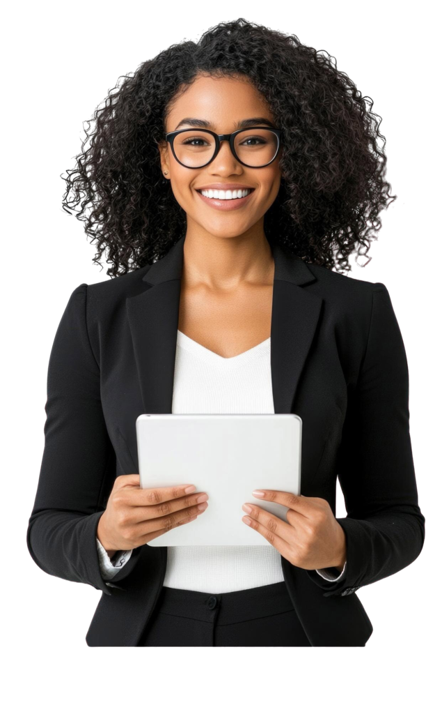 smiling black skin business woman suit holds white tablet